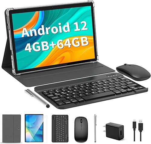 Tablet Android, tableta Android 12 de 10 pulgadas, tableta 2 en 1 con teclado, mouse, funda, lápiz capacitivo, 4 GB de RAM 64 GB ROM 1 TB expandir,