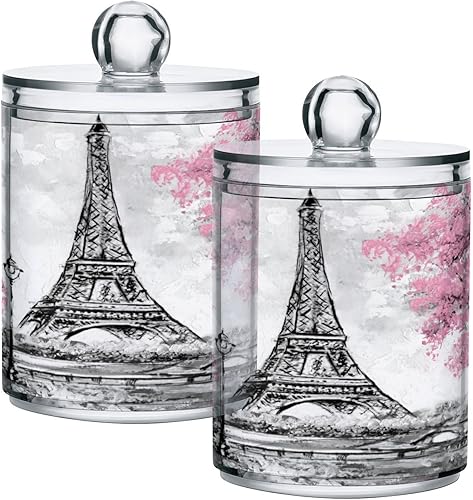 Nander Paquete de 4 dispensadores de soporte Qtip  Juego de tarros de boticario de plástico transparente Pink Paris Tower  Organizador de maquillaje