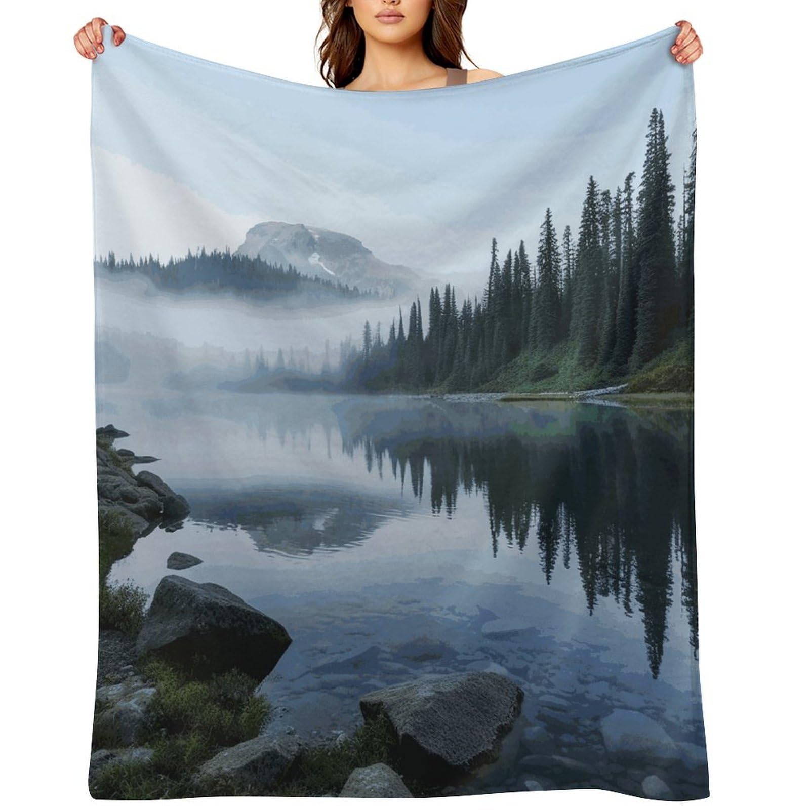 Fekiloot Style Foggy Lake By Mount Rainier Throw Blankets Camping Blanket40 X50