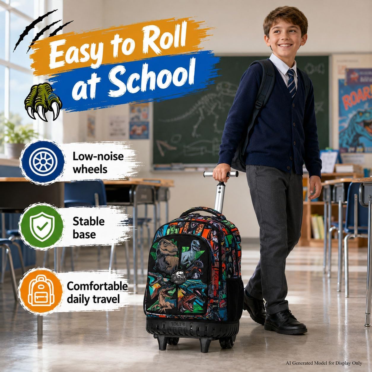 WZLVO 3PCS Rolling School Backpack, Water Resistance Roller Bookbag for Boys, Wheeled Bag Set with Lunch Box & Pencil Bag for Teens & Kids - Dinosaur Gathering image 2