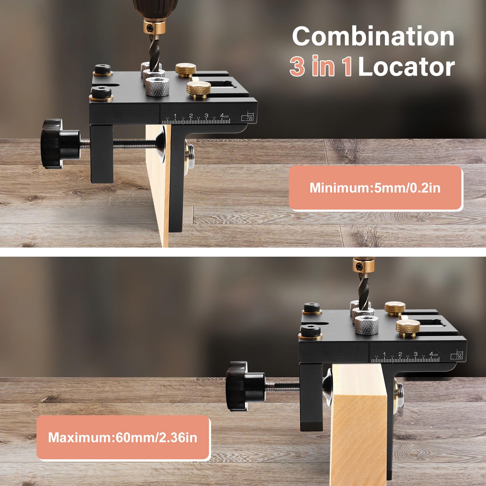 6/8/10/15 mm Bohrschablone Möbelbau, 3-in-1 Holzdübel Schablone Taschenloch Jig Kit für Holzbearbeitung Exakte Dübellöcher mit Positionierungsclip Einstellbare Bohrführung Stanzer-Locator
