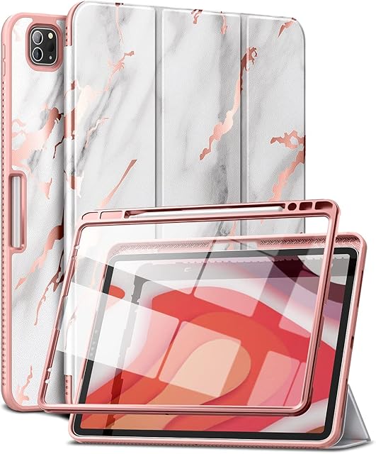 SURITCH Case for iPad Pro 12.9 Inch 6th/5th/4th/3rd Generation 2022/2021/2020/2018 Clear Back Built-in Screen Protector Pencil Holder and Auto Wake/Sleep Leather for iPad Pro 12.9" CaseMarble Gold