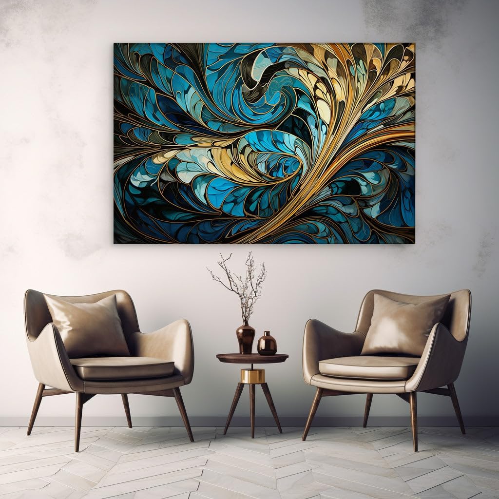 Canvas for Living room. Spirals of Elegance: The Dynamic Interplay of Blue and Gold in Abstract Art, 27 x 18 inch Canvas Wall Art - Ready to Hang