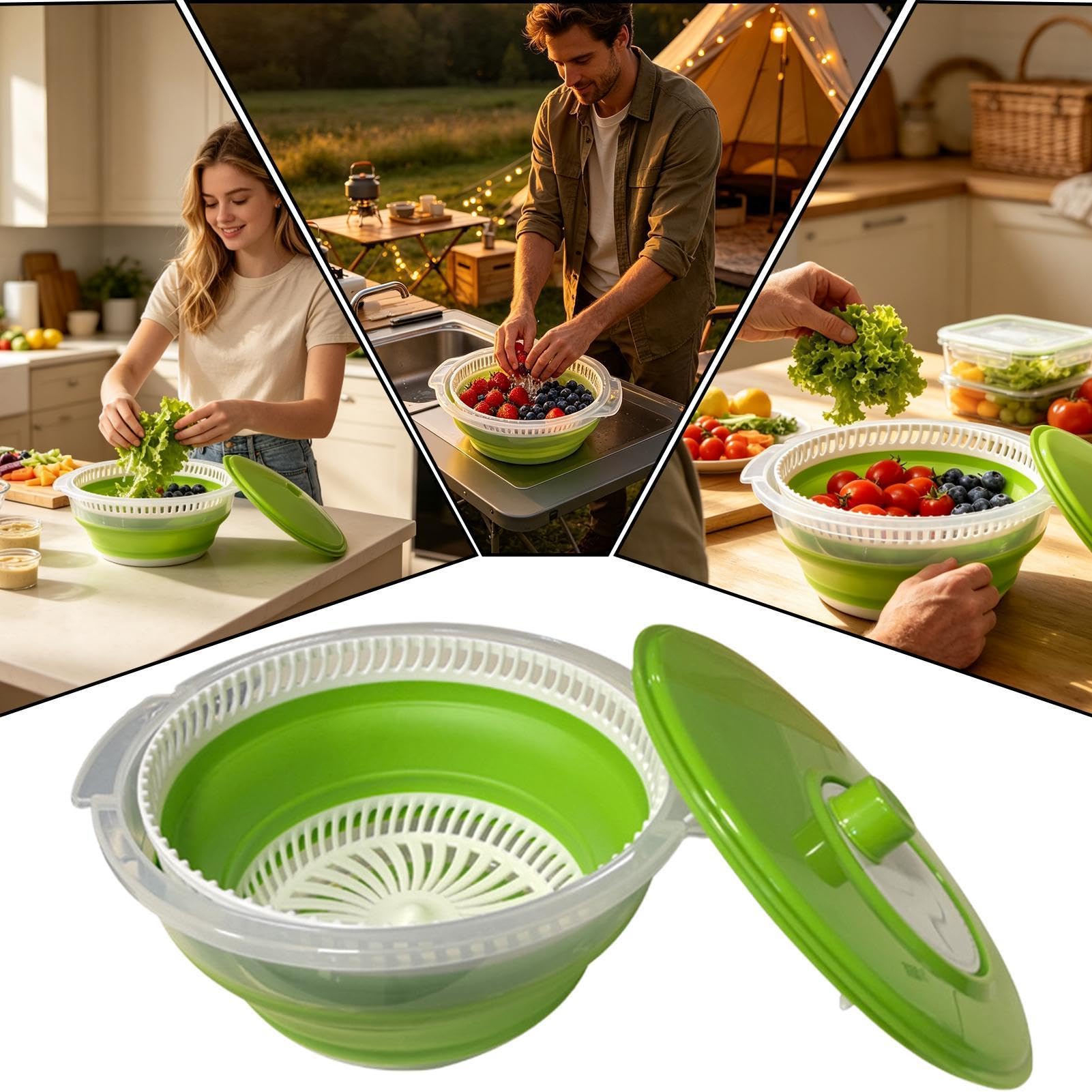 Generisch Escurridor De Ensalada Portátil, Plegable, Manual, Secadora Y Deshidratador | Centrifugadora de frutas con función de lavado para lavar y limpiar hojas, bayas, y para cocina y
