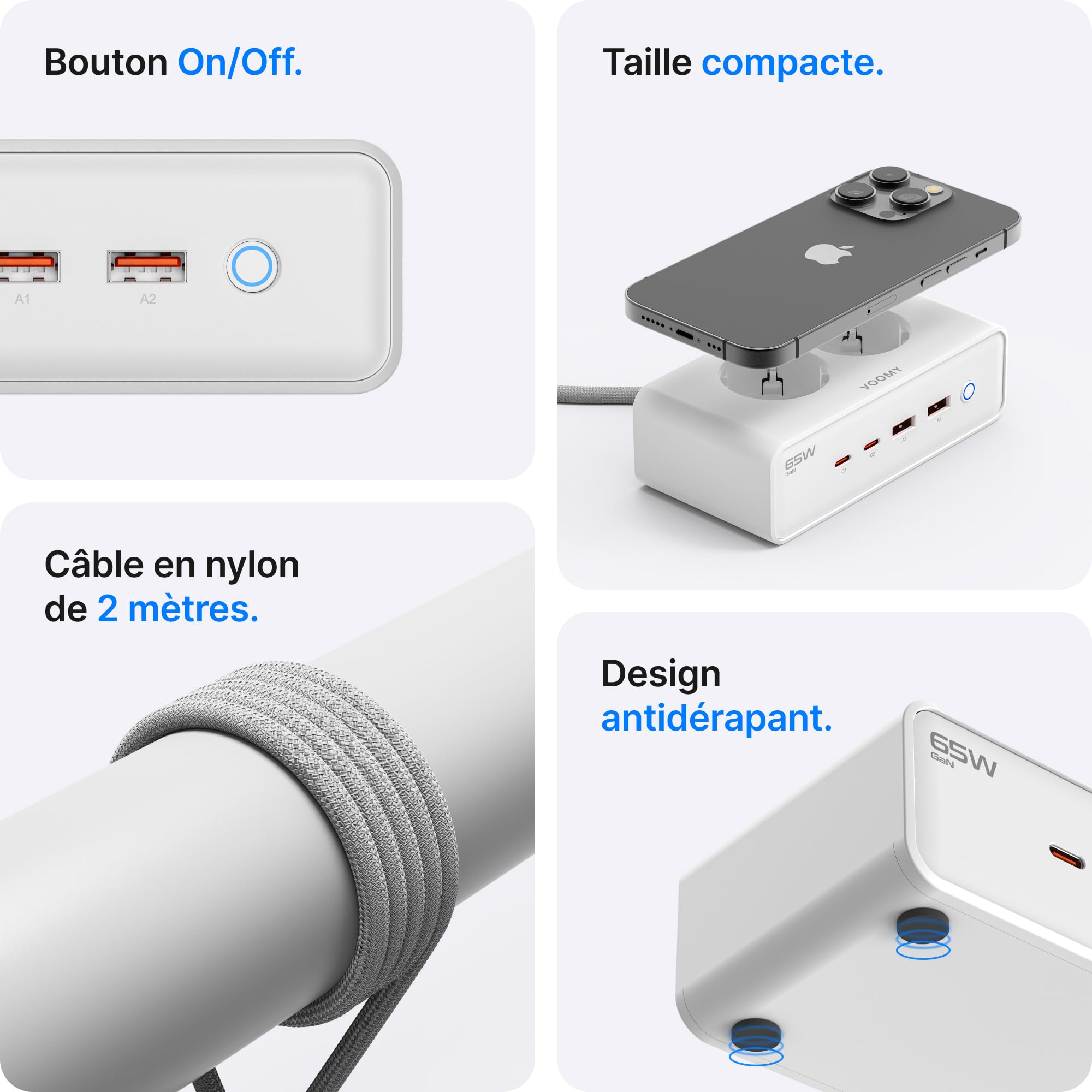 Voomy Multiprise avec Ports USB 65W, Protection Contre Les Surtensions, Les Surcharges et Les Courts-Circuits, Verrouillage de Sécurité, 2 Mètres (Blanc)
