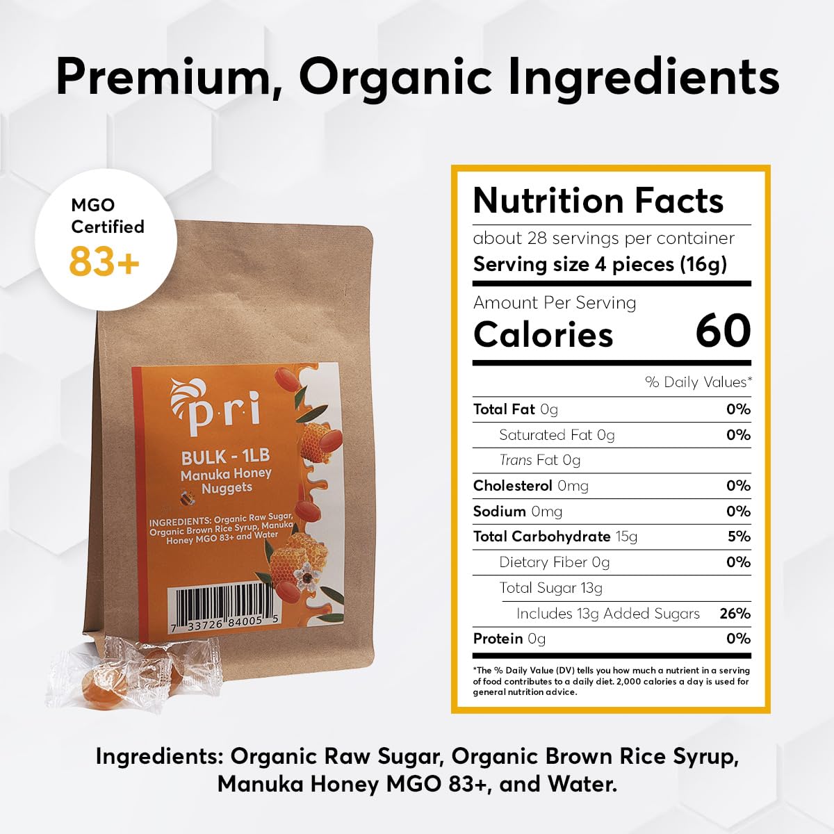 P.R.I Manuka Honey Nuggets – 1 lb Bulk Bag, Natural Honey Hard Candy, Individually Wrapped, No Corn Syrup, Gluten Free, Simple Ingredients, Made in New Zealand