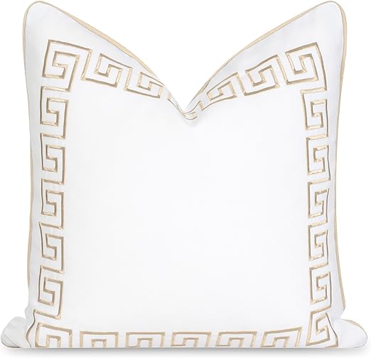 Hofdeco Premium Coastal Patio Indoor Outdoor Throw Pillow Cover Only, 20"x20" Water Repellent for Backyard, Couch, Neutral Tan Embroidered Greek Key with Piping