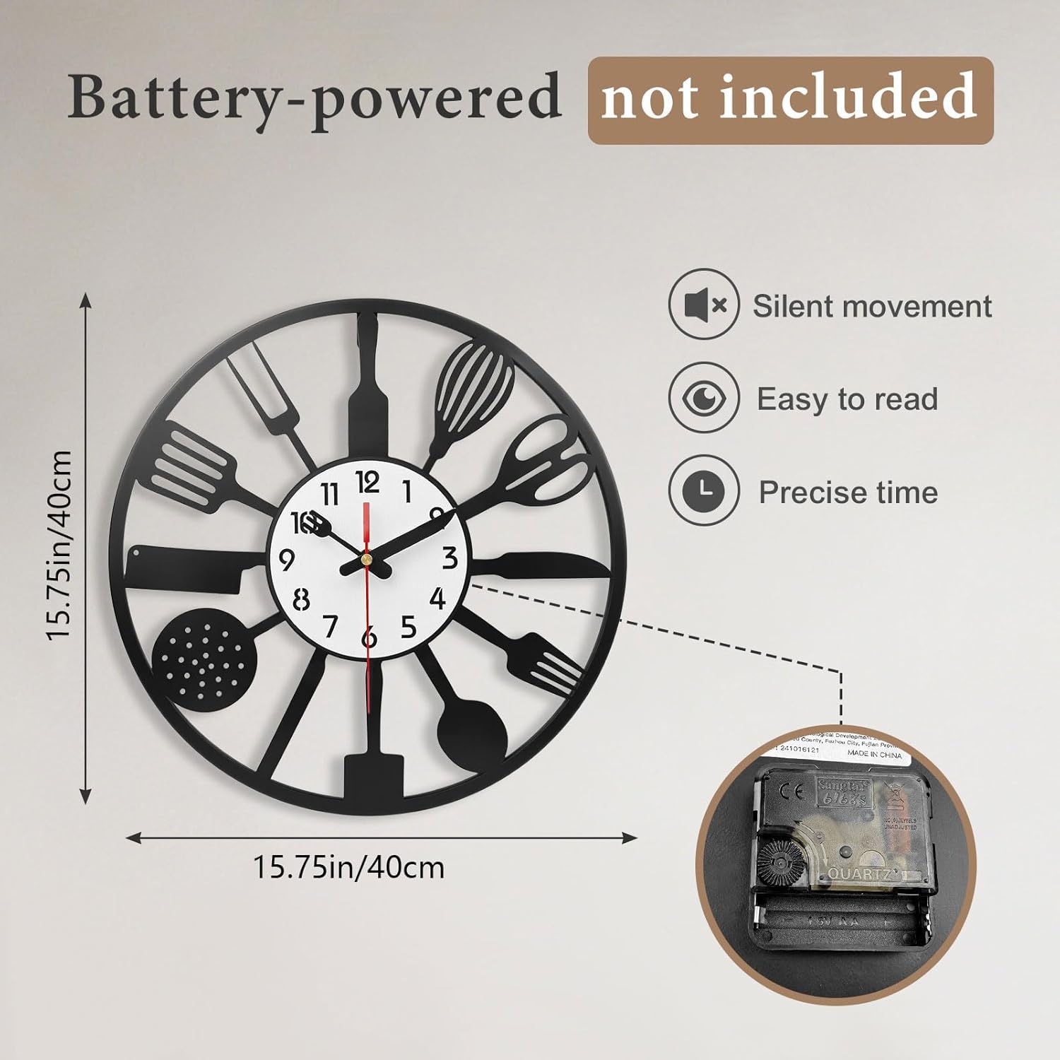 Modern Kitchen Creative Wall Clock,15.7 Inch,with Fork and Spoon Decorative Clocks, Silent, Non Ticking, Battery Operated, Wall Clock Decorative for Bedrooms, Farmhouses, Dining Rooms