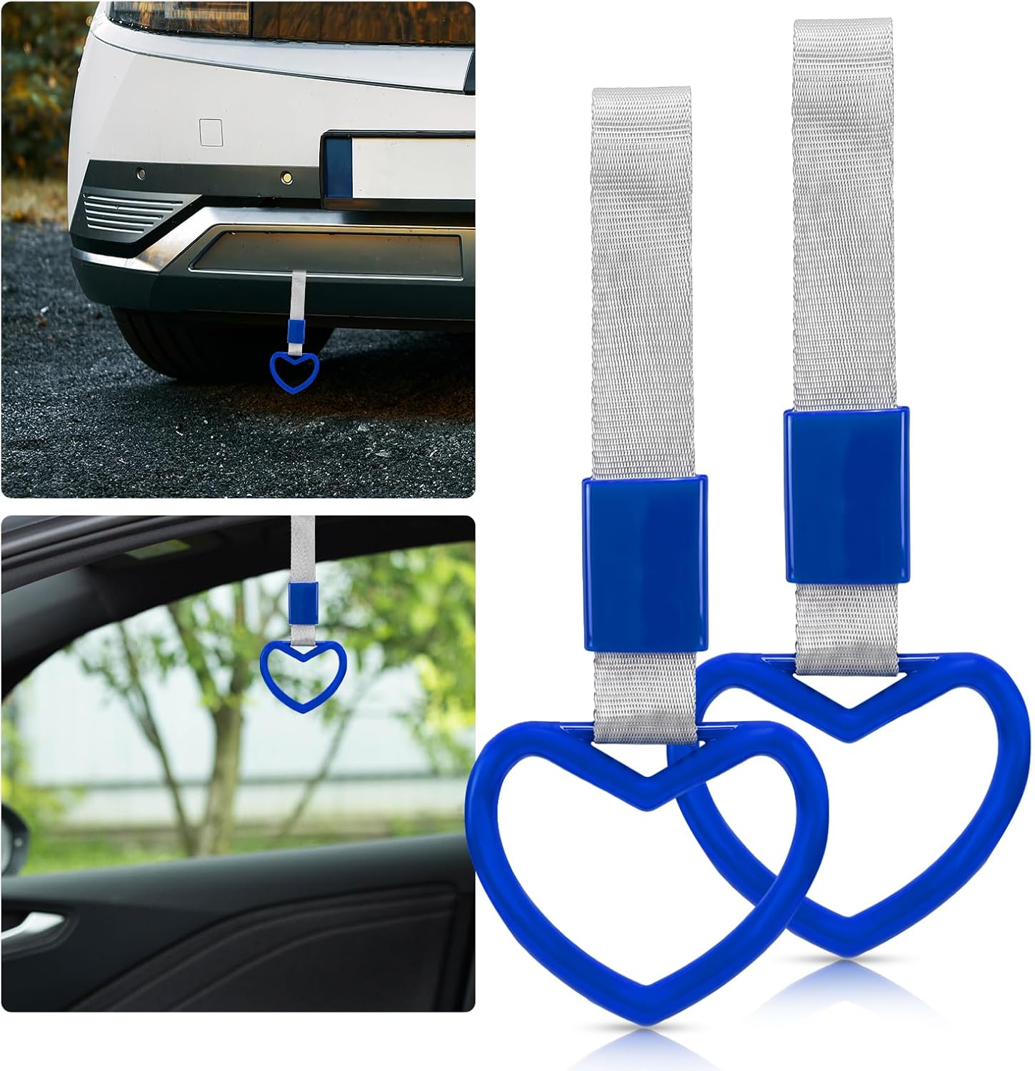 2 Pcs Heart Shaped Car Handle Strap – JD M Drift Charm Rear Bumper Warning Ring Decor for Car Interior Exterior, Subway Bus Handle Accessory, Cute Heart Car Decor Gift for Drivers (Blue-Silver) image 3