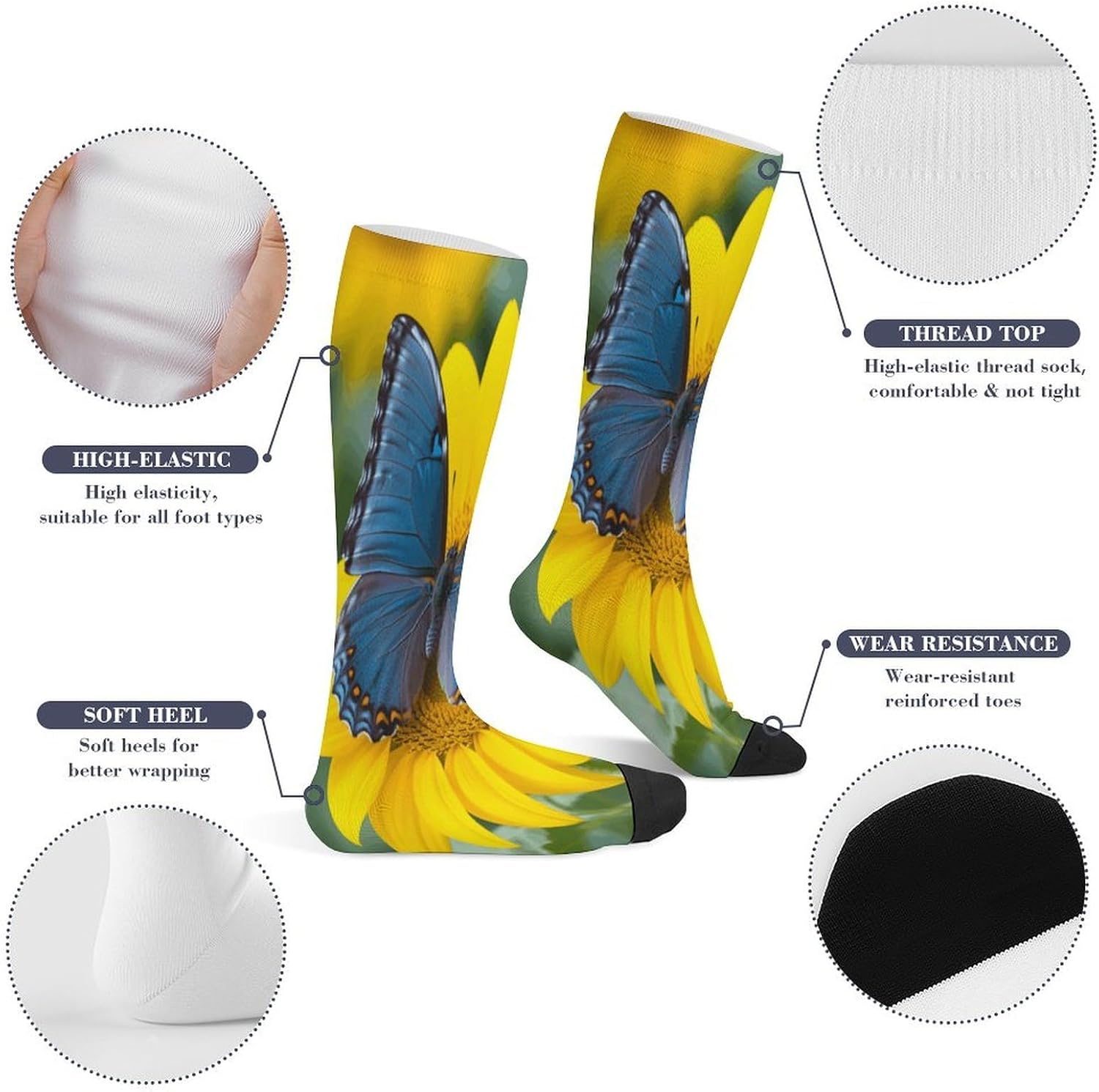 Sunflower Blue Butterfly Mid-Calf Socks Women Warm Knee High Socks Cozy Hiking Skiing Soft Boot Mid Calf Stocking Unisex