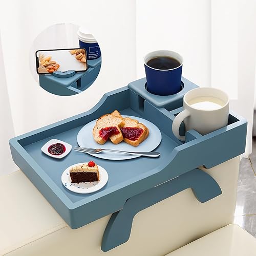 Miniatura 1 de Mesa de brazo para sofá, bandejas de TV plegables multifunción con soporte giratorio de 360 para teléfono y almohadilla, bandeja de mesa de sofá