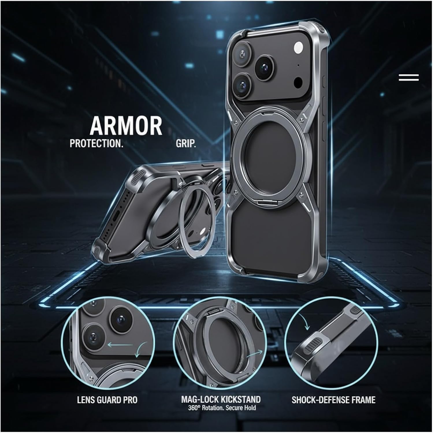 Frameless Metal Case for iPhone 17 Pro/17 Pro Max, Shockproof Aluminum Bumper with 360° Rotating Kickstand, X-Frame Gear Design & Corner Protection, Lightweight(Gray,17 ProMax)