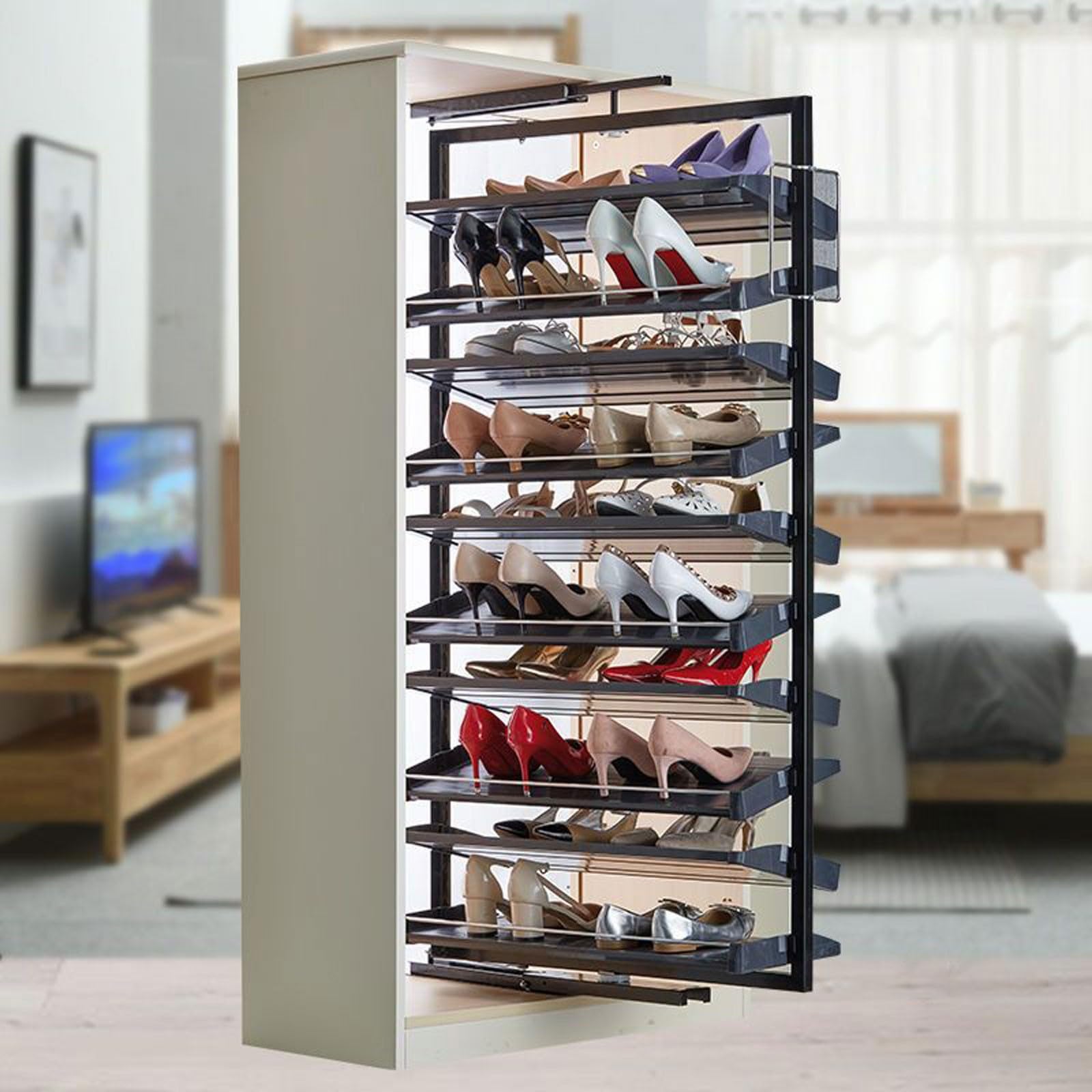 Generico Scarpiera Estraibile per camere da Letto di Piccole Dimensioni, Design impilabile Verticale, ripiano salvaspazio per Armadio (9 ripiani/H131cm)