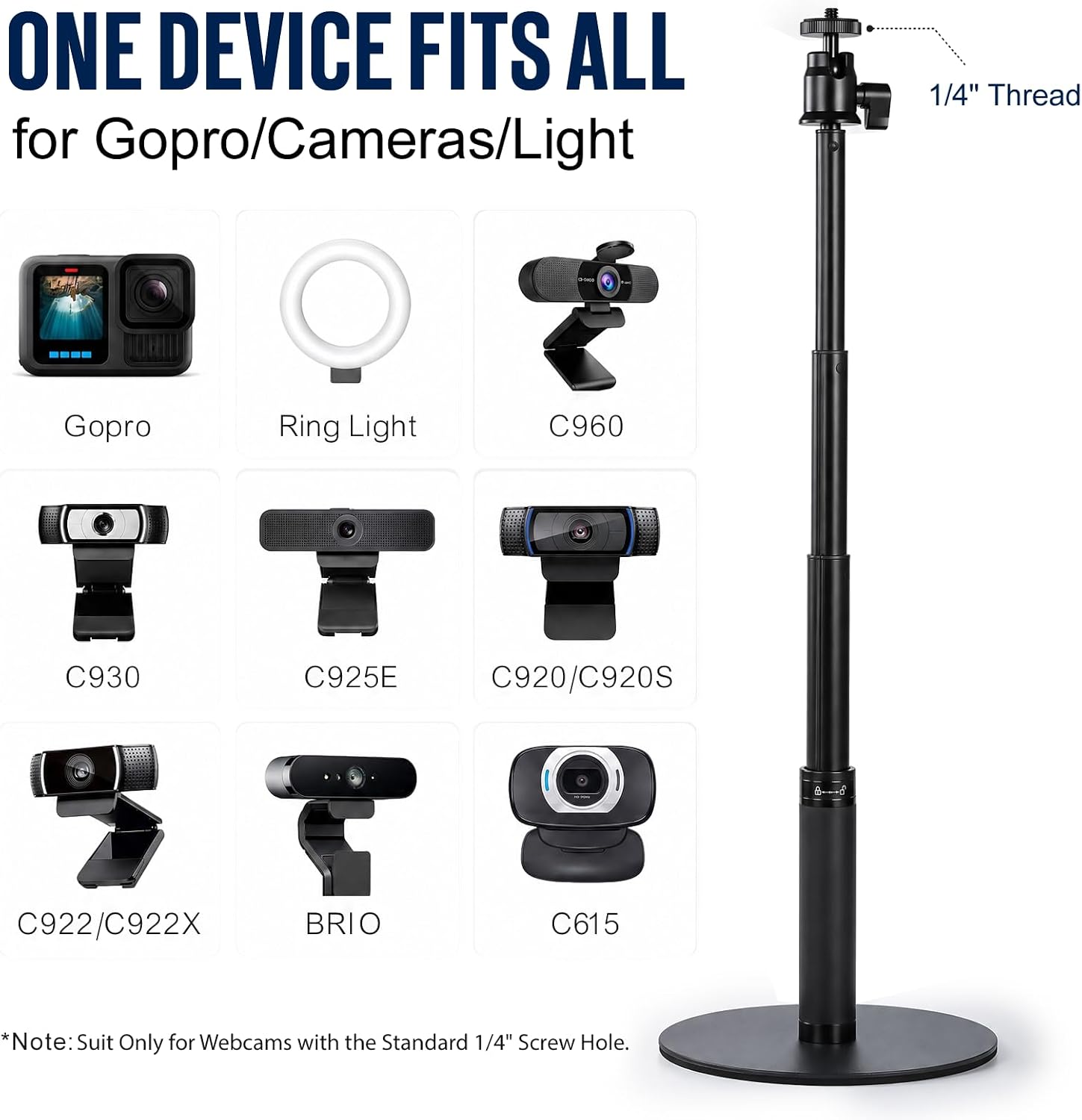 Webcam Stand for Desk, 28" Telescopic Tripod with Phone Holder, Desktop Webcam Mount Compatible with Logitech Webcam C922 C930e C920S C920 C615 C960 C920x BRIO 4K NexiGo N60, 1/4'' Thread