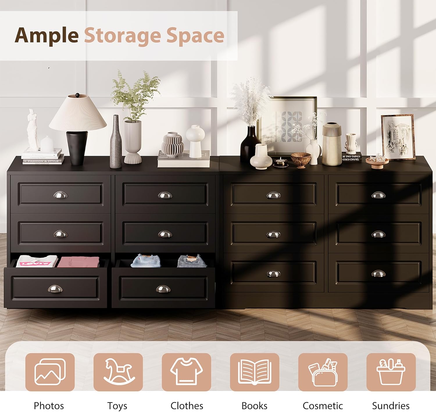 Meilocar Dresser with 6 Drawers, White Dresser for Bedroom, Chest of Drawers Wooden Double Dresser Storage Cabinet for Living Room, Bedroom, Hallway (Black)