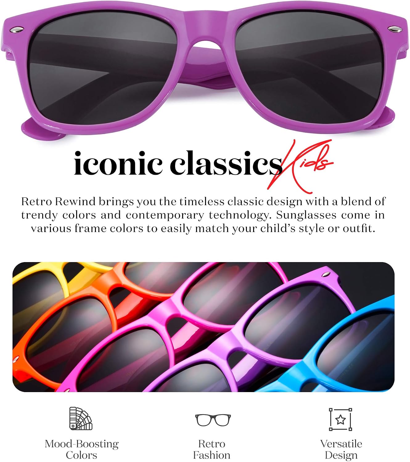 Retro Rewind Iconic Kids Sunglasses for Boys Girls - Shatterproof UV400 Children Sunglasses for Toddlers Kids Age 2-10