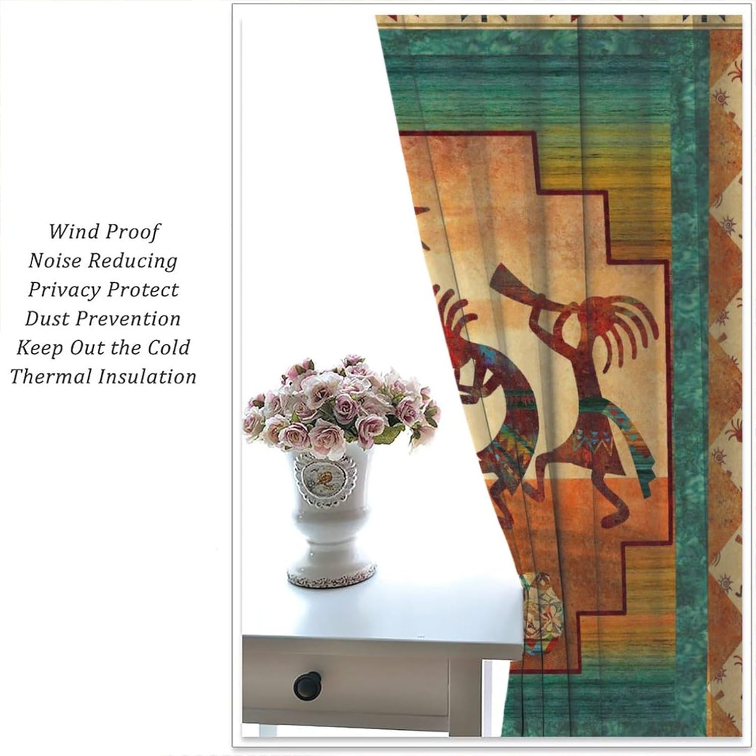 Kokopelli Blackout Curtains, Southwestern Native Window Drapes, Aztec Ethnic Print Pattern Thermal Insulation Window Treatments for Living Room Bedroom Kitchen Office 42x54 Inch