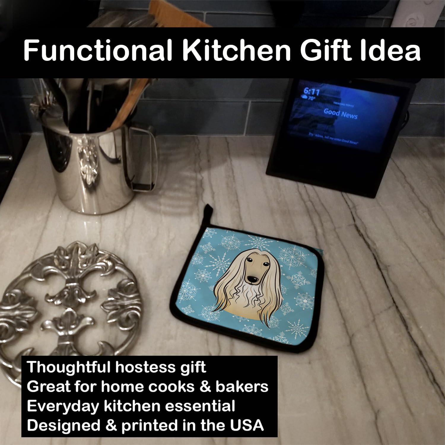 Caroline's Treasures BB1678PTHD Snowflake Afghan Hound Pair of Pot Holders Kitchen Heat Resistant Pot Holders Sets Oven Hot Pads for Cooking Baking BBQ, 7 1/2 x 7 1/2