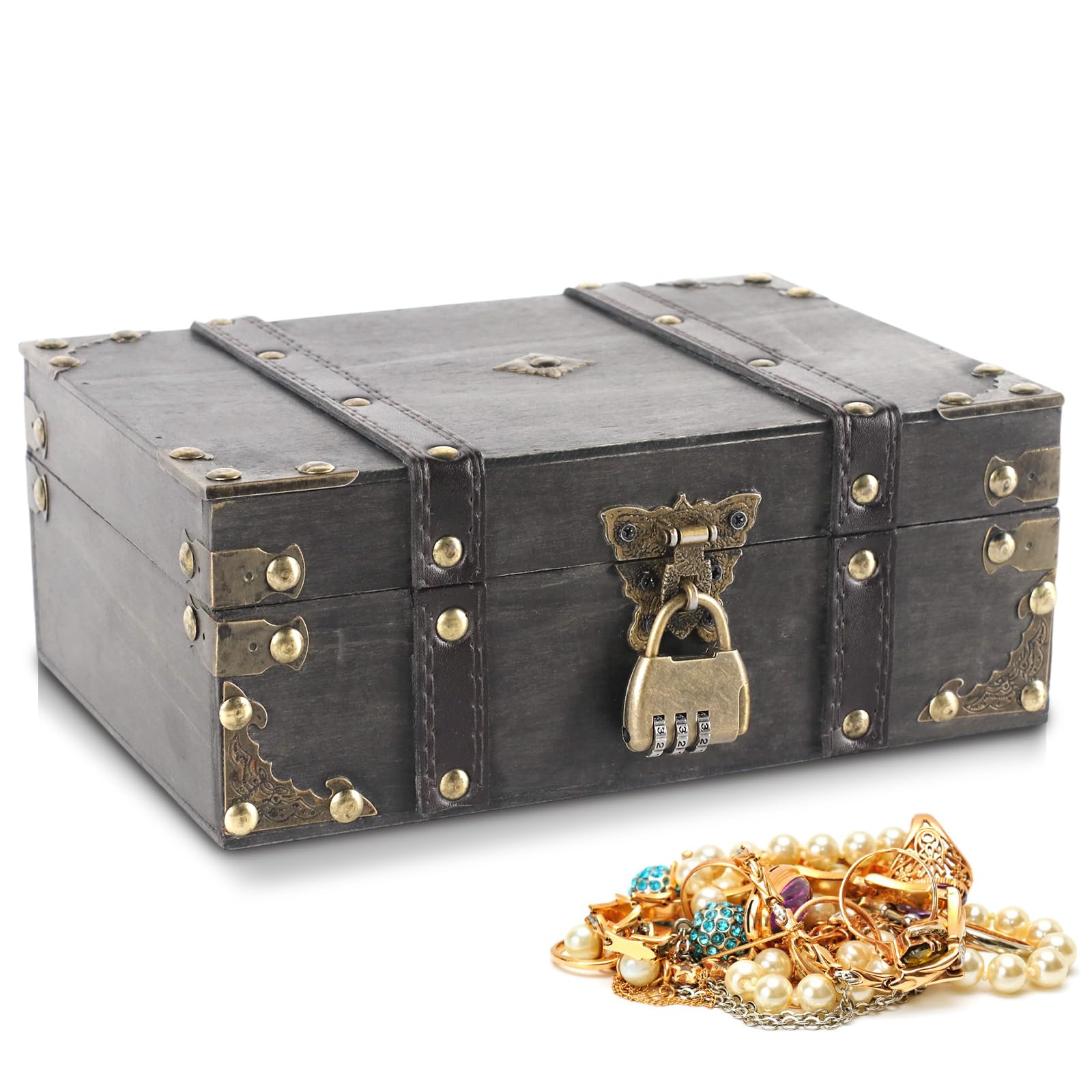 Eulihent Wooden Vintage Treasure Chest Storage Box with Lock, Decorative Grey Souvenir Container Keepsakes Storage Organizer Rectangle Jewelry Trinket Chest for Home Decorations Gifts
