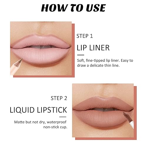 Miniatura 4 de Boobeen Juego de lápiz labial líquido mate y línea de labios, maquillaje de labios rojo nude, de larga duración, bolígrafos de lápiz labial