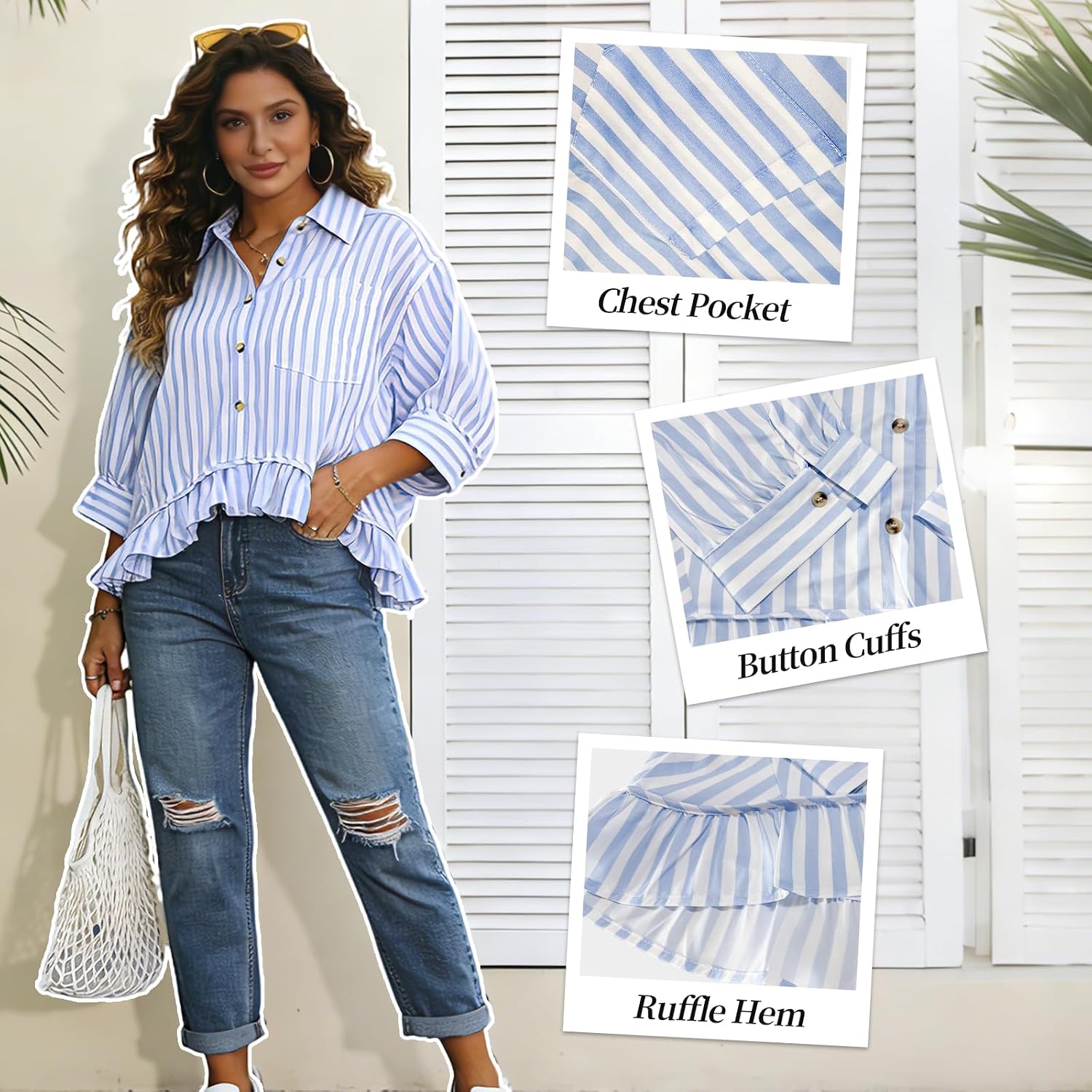 Women's 3/4 Sleeve Striped Shirt, Cropped Ruffle Hem Loose Blouse Summer Cute Casual Button Down Top