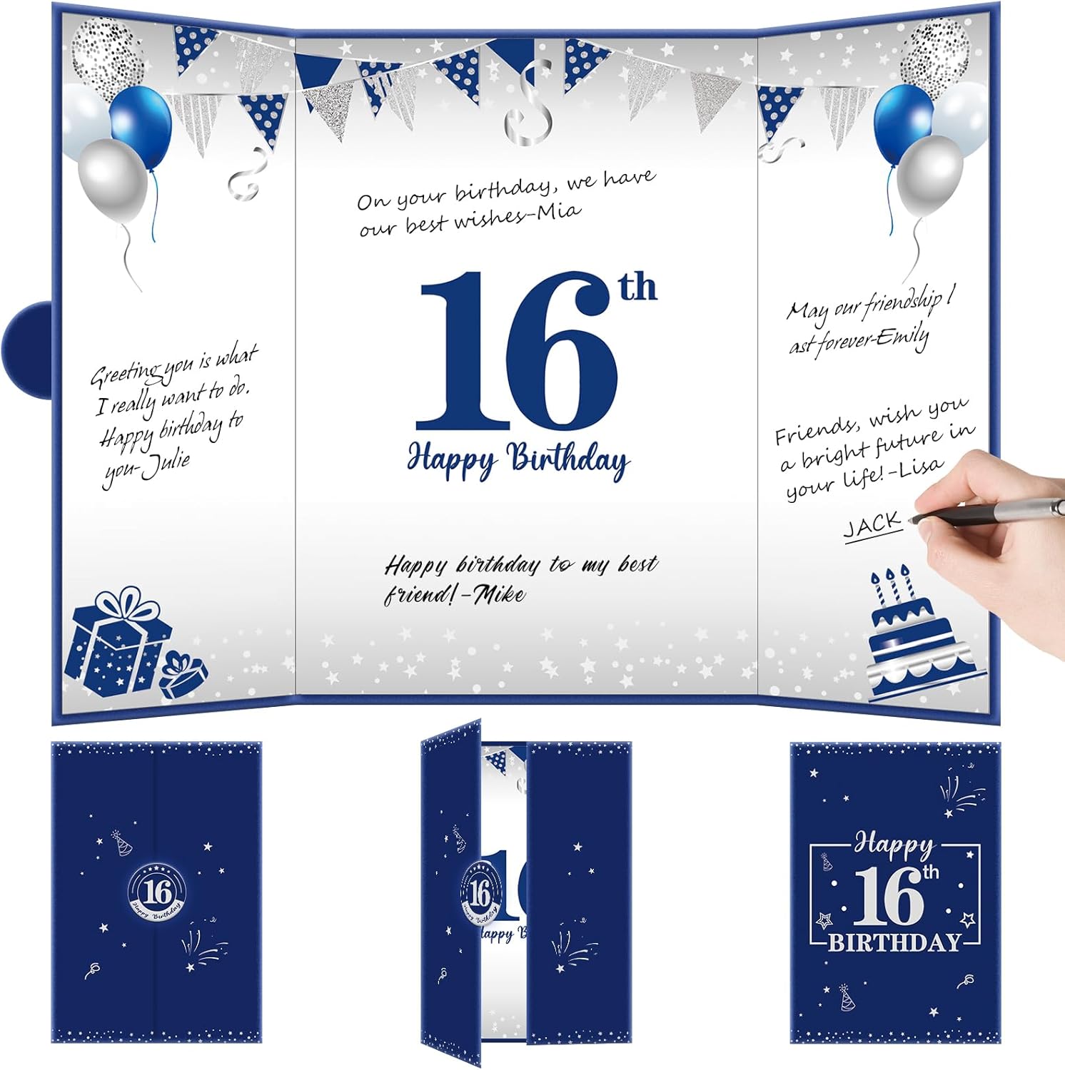 Eiurteao Large 16th Birthday Guest Book Card with Envelope Decorations for Boys, Blue Silver Happy 16 Birthday Signature Book Jumbo Card Party Supplies, Giant Sweet Sixteen Bday Greeting Card Decor