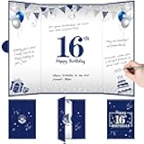 Eiurteao Large 16th Birthday Guest Book Card with Envelope Decorations for Boys, Blue Silver Happy 16 Birthday Signature Book Jumbo Card Party Supplies, Giant Sweet Sixteen Bday Greeting Card Decor