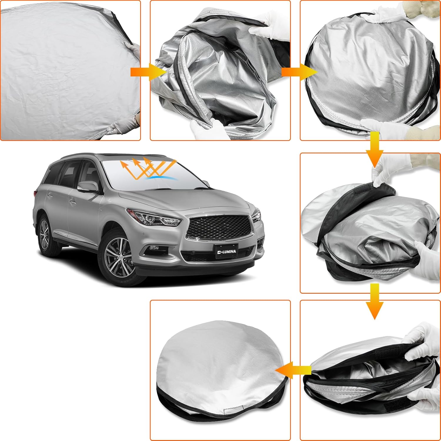 D-Lumina Winshield Sun Shade for Infiniti QX60 2014 2015 2016 2017 2018 2019 2020 2021, Foldable Front Sun Shield Protector Blocks UV Rays, Window Sunshade Sun Visor Interior Accessory