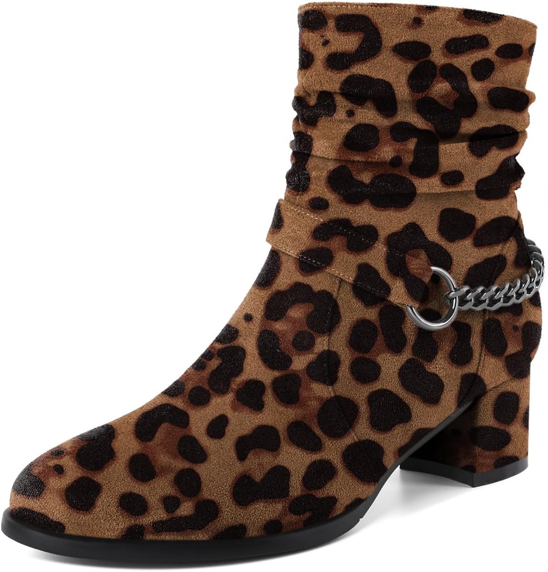 Mettesally Women's Slouchy Ankle Boots Low Block Heels Round Toe Booties Side Zipper 2 Inch Fall Boots With Chain Strap