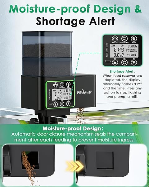 Automatic Fish Feeder for Aquarium - 230/510ml Timer Fish Feeder Dispenser with 0.1-2g Precision Feeding, Moisture-Proof Auto Fish Feeder with Feed Cleaning & Shortage Alert, USB Rechargeable - 5