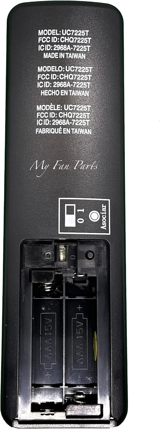 Back view of the My Fan Parts UC7225T remote control with the battery compartment open, showing slots for two AAA batteries.
