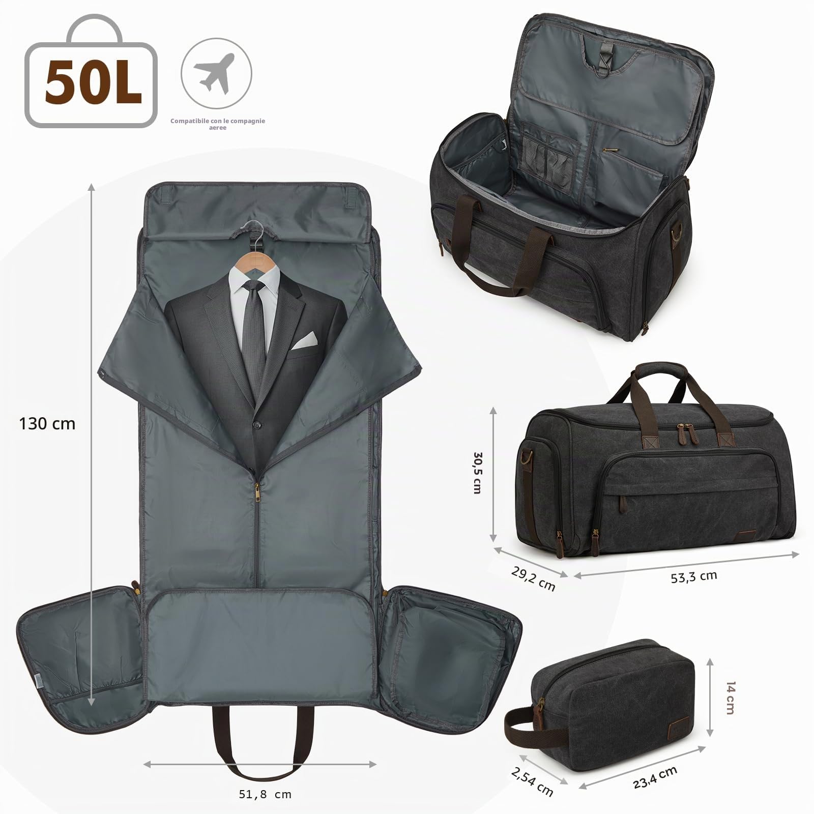 S-ZONE 60L 3 in 1 unisex borsa per vestiti convertibile in tela con astuccio da toilette per viaggi vacanze brevi viaggi d'affari