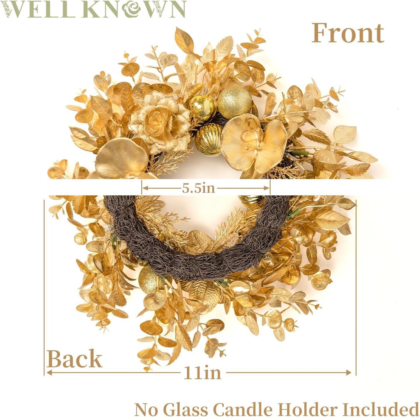 WELL KNOWN Artificial Flower Candle Rings Wreath, 12" Small Gold Orchid Eucalyptus Wreath for Candles & Candleholders, Dining Table Centerpieces for Home Wedding Party Hanging Decor & Gift