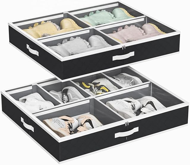 SOLEDI Under Bed Shoe Storage 2 Packs Under Bed Storage Box with Lid Dustproof Adjustable Compartment Sizes For Shoes, Clothes, Towels, Toy Storage Black