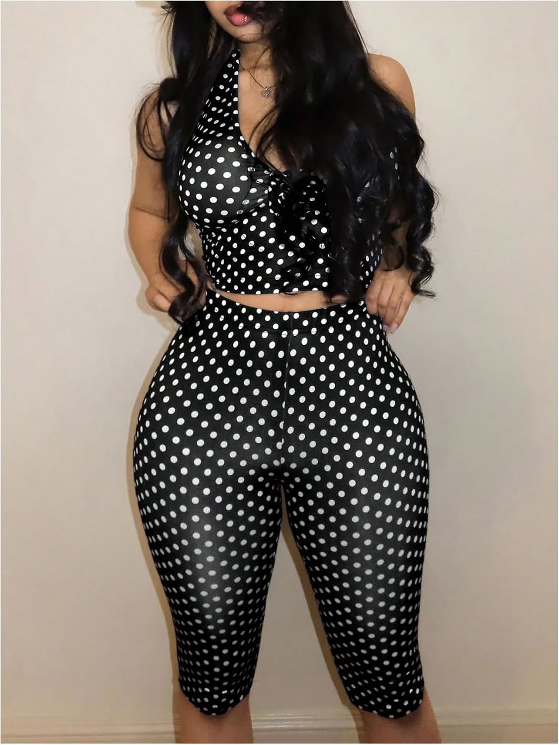 MakeMeChic Women's 2 Piece Sets Polka Dots Halter Crop Top Capri Leggings Pants Y2k Going Out Outfits