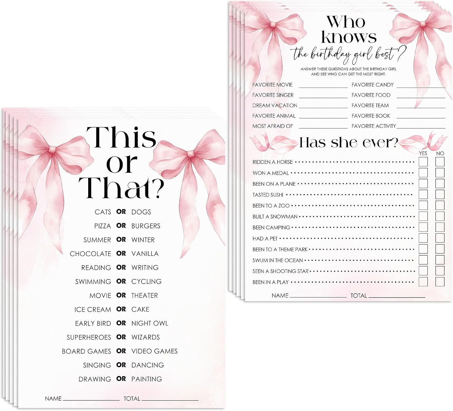 Set of 20 Who Knows The Birthday Girl Best Theme Birthday Party Game Cards-3-In-1 Watercolor Pink Bow Birthday Party Game Cards For Girls Teens Adult-Party Activity Supplies & Decor（5 ''x7 ''）-A02
