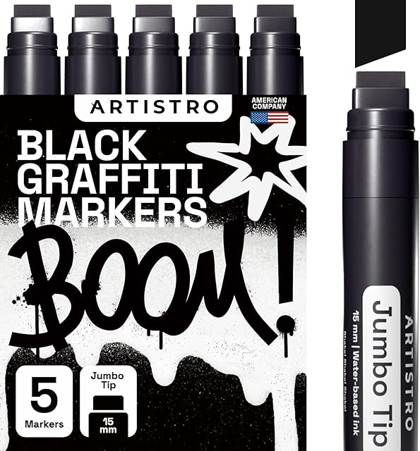 ARTISTRO Graffiti Markers, 5 Jumbo Black Markers, 15mm Jumbo Felt Tip, Acrylic Paint Markers for Rock Painting, Stone, Ceramic, Glass, Wood, Canvas