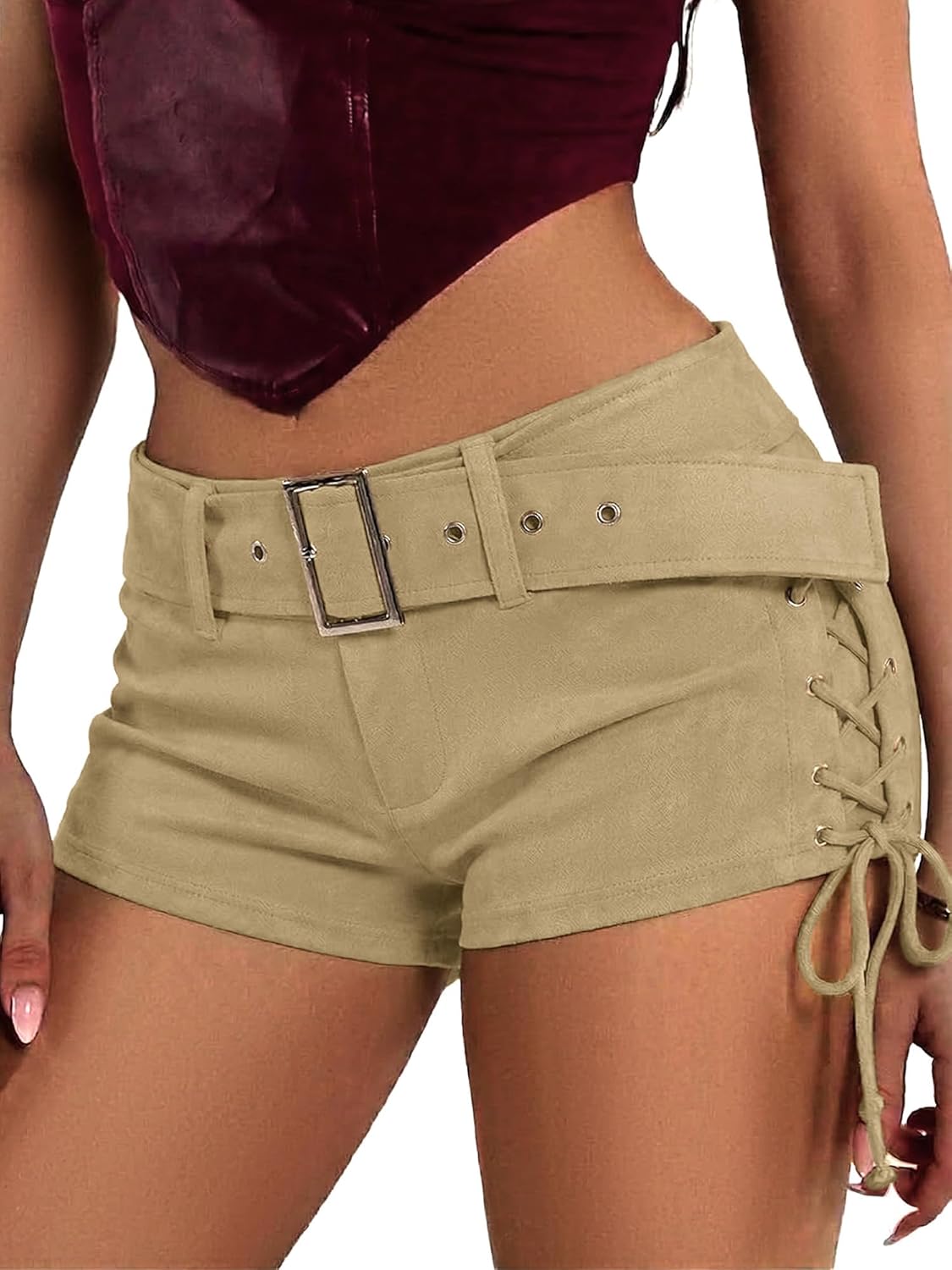 ELLEVEN Women's Faux Leather Micro Shorts Lace Up Side Low Waist Buckle Belt Y2k Sexy Skinny Suede Mini Shorts