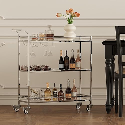 Bar Cart Silver, Home Bar Serving Cart, Modern Bar Cart with 3-Tier, Mobile Kitchen Shelf with Wine Rack and Glass Holder, Bar Carts for The Home, Dining Room