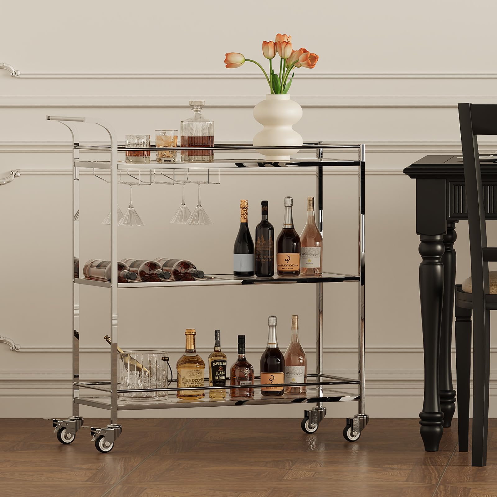 Modern Silver Bar Cart with 3-Tier Storage