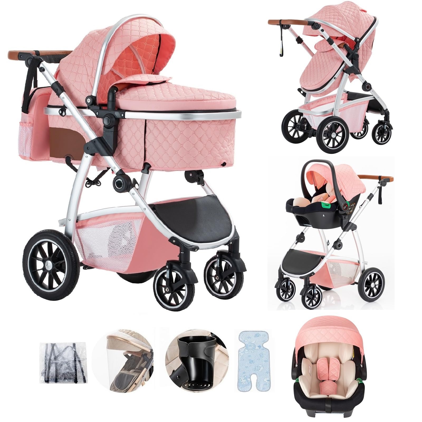 Lnhcrbs Baby Stroller 3 in 1, Pram Frame in Aluminium,22KG,0-4Years,Pink