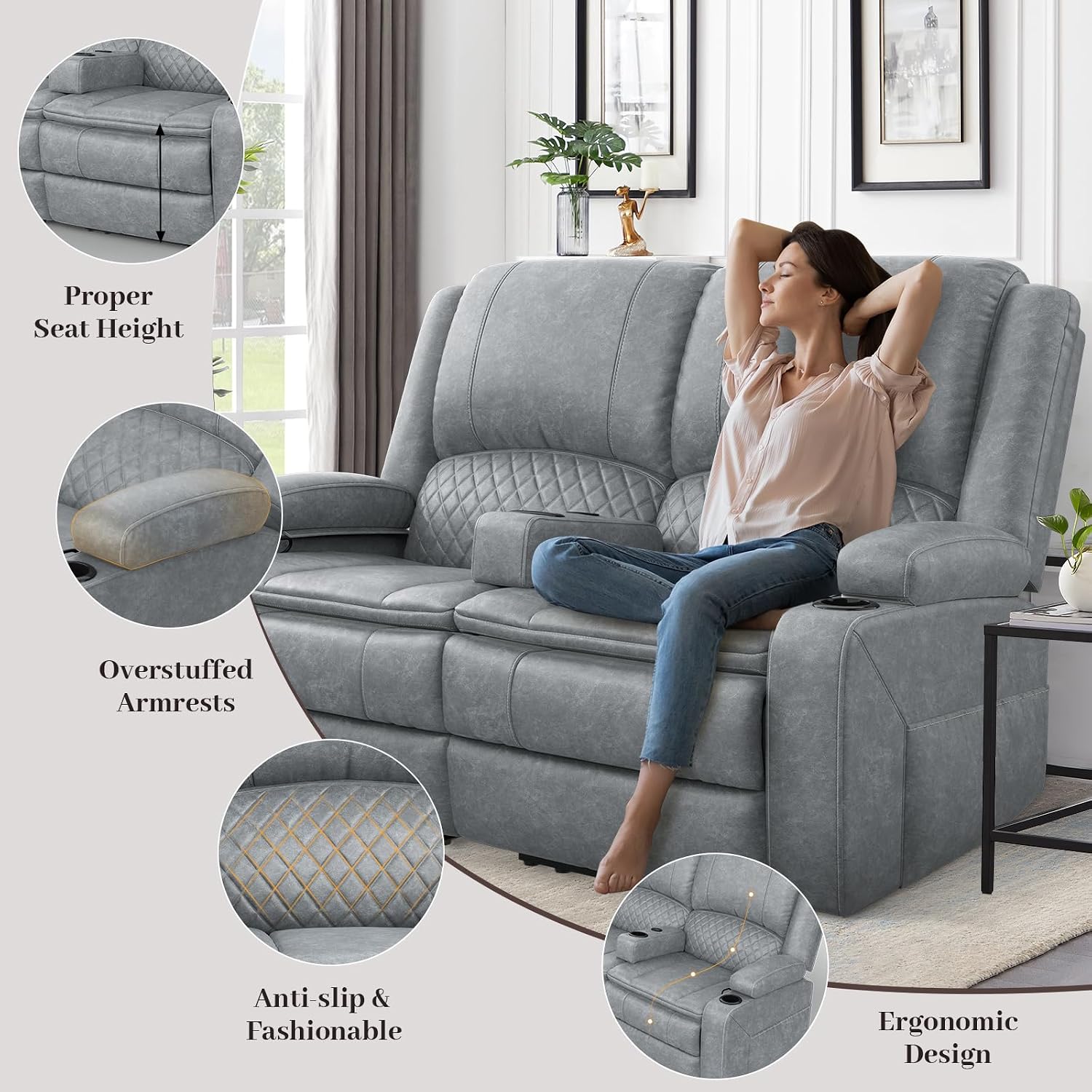 Manual Reclining Loveseat with Removable Armrest PU Leather Double Recliner for RV - Gray PU