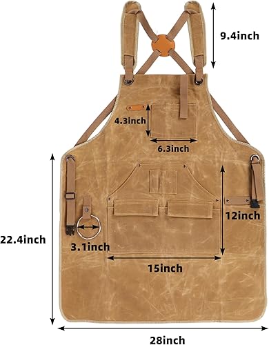 Miniatura 3 de Delantal de carpintería de lona encerada para hombre con bolsillos, delantal de taller resistente, correas cruzadas ajustables a S-3XL