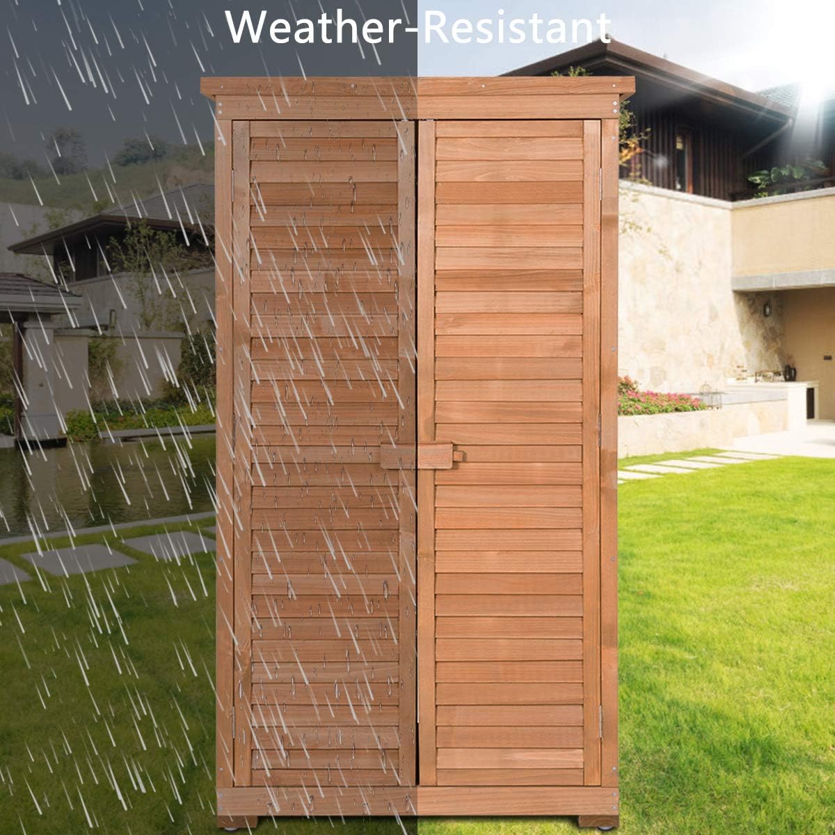 Image demonstrating the weather-resistant properties of the Goplus Outdoor Storage Cabinet, with one side appearing dry and the other side showing simulated rain.
