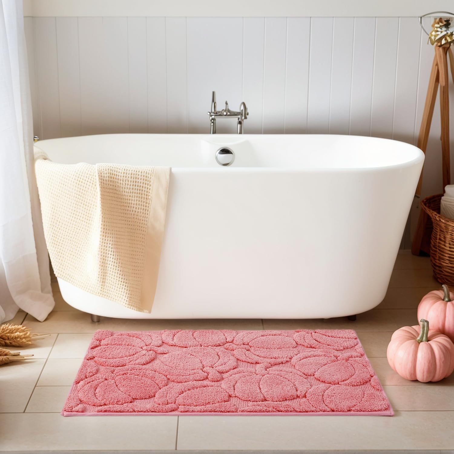 Luxury Fall Autumn Pink Pumpkin Bathroom Mat, 20"x32" Extra Soft and Absorbent Microfiber Bath Rug, Non-Slip TPR Back, Plush Shaggy Bath Carpet for Floor