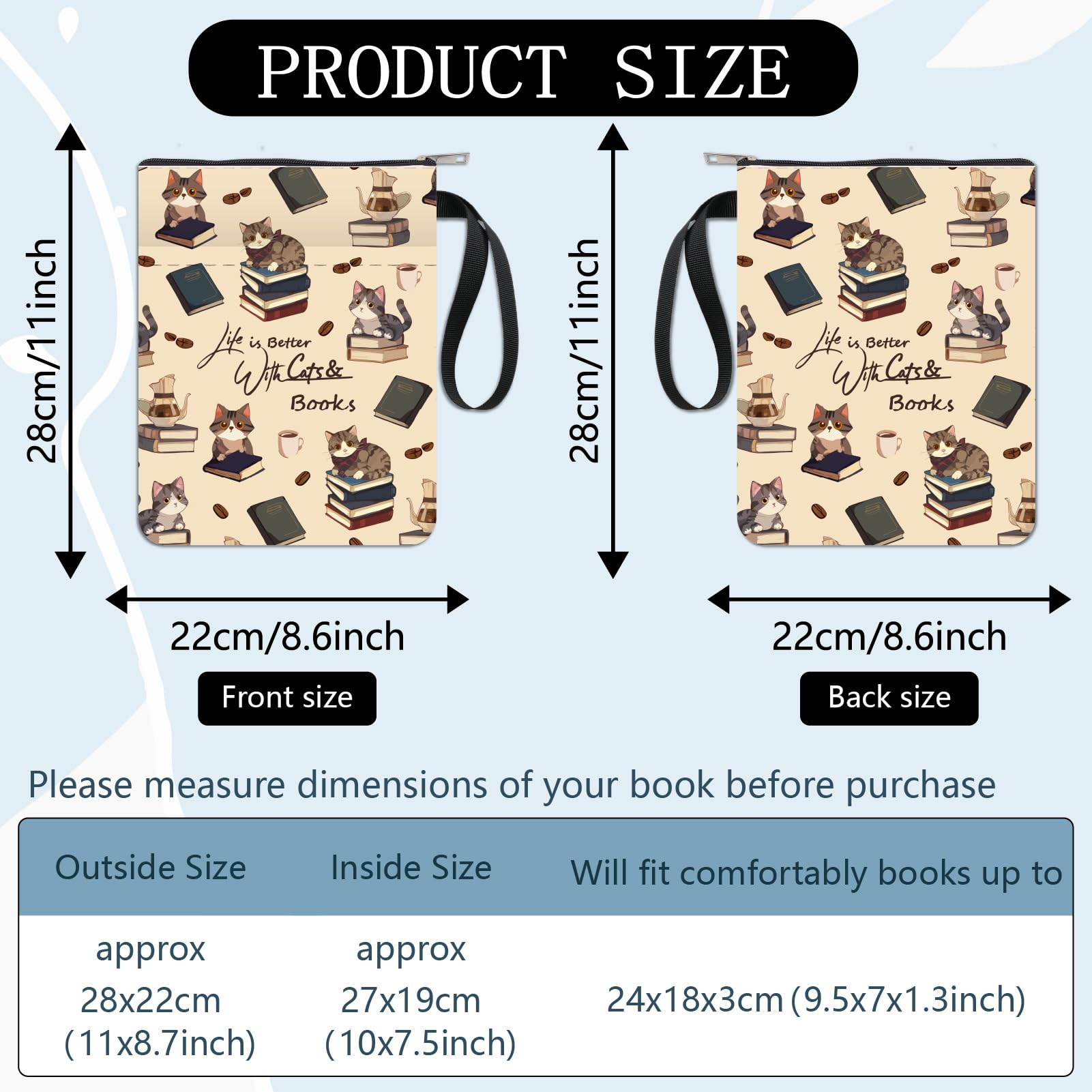 CRASPIRE Cat Book Sleeve Protector with Zipper Waterproof Canvas Pouch Double-Sided Covers for Books Lovers Hardcover Notebook Bible Journal Textbooks Paperbacks Student Bag Gift 11 x 8.66 Inch - Image 2