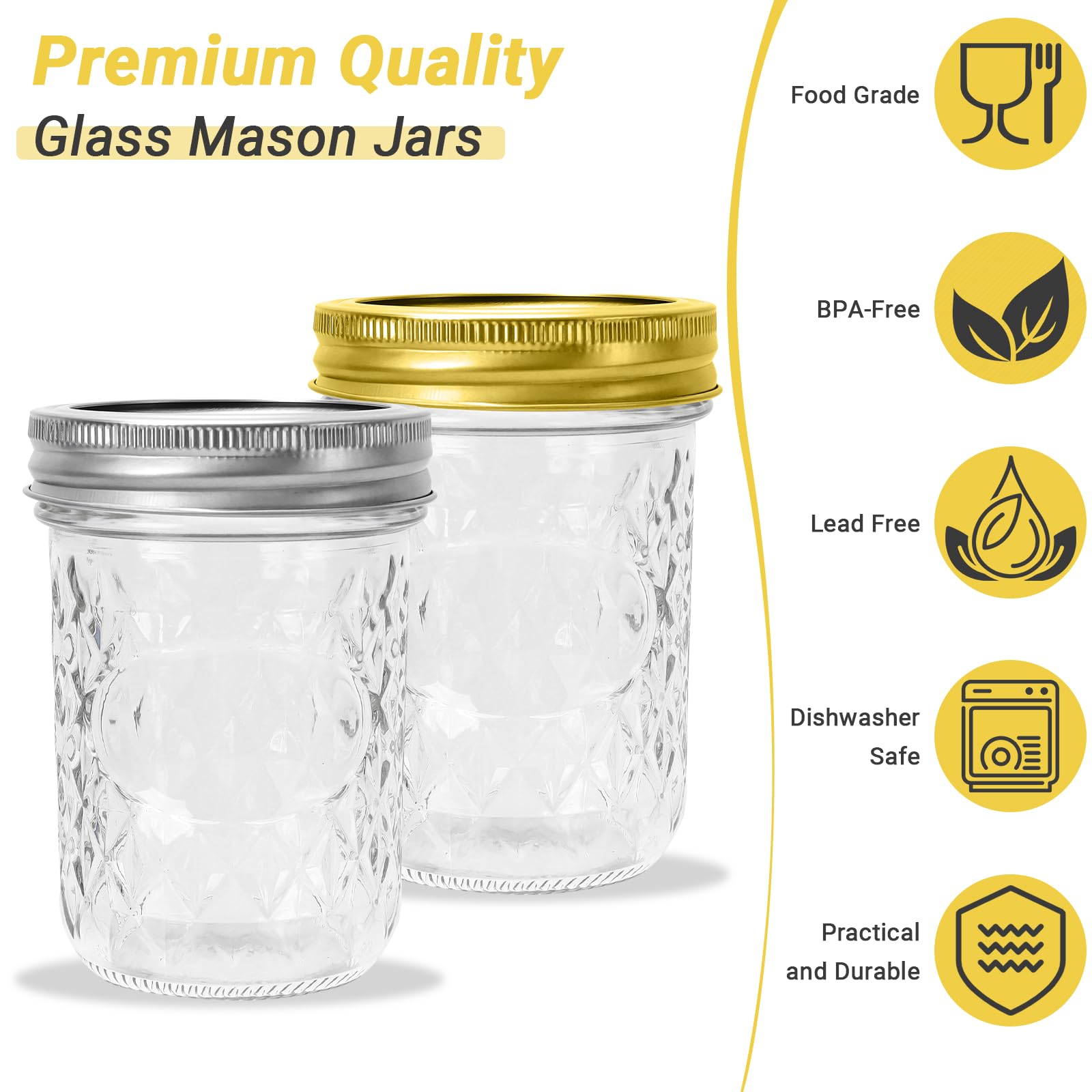 Einmachgläser aus Glas, 237 ml, normale Öffnung, mit silbernen und goldenen Aluminiumdeckeln und Bändern, luftdichte Marmeladengläser für Lebensmittelaufbewahrung, Einlegen, Gären, Honig,