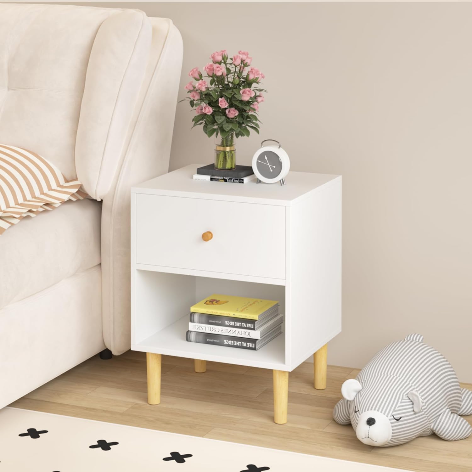 Kids White Nightstand with 1 Drawer & One Shelf & Wood Legs, 23.22''H Wooden Small Nightstands for Toddler Adults, Wood Side Table for Kids Room Nursery, Easy Assembly