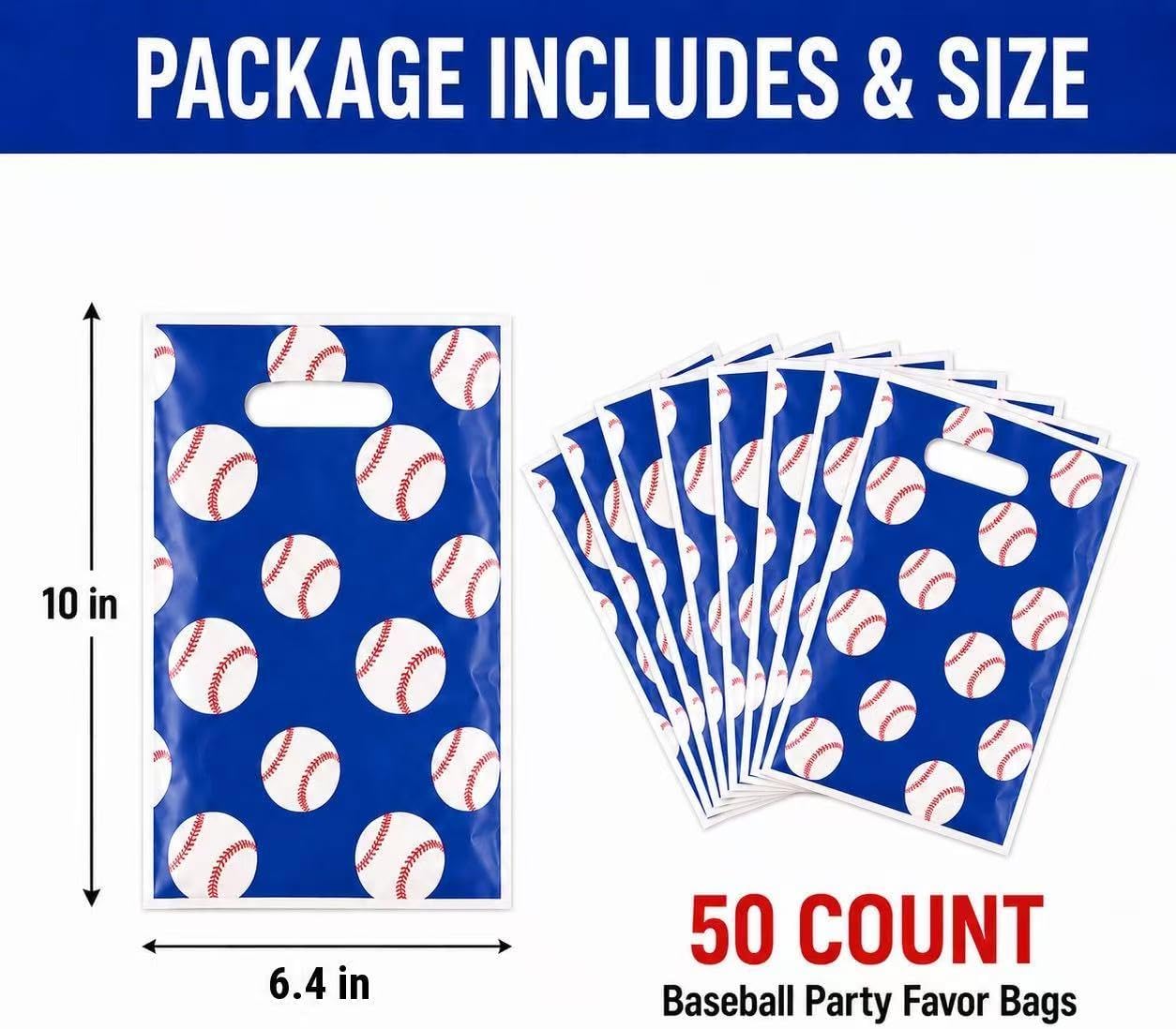 RCRAJE 50 Pack Baseball Goodie Bags, Baseball Gift Bags with Handles, Baseball Treat Candy Bags for Birthday Party, Team Snack Bags for Youth Baseball, Team Events, Game Day Sports Party Favors