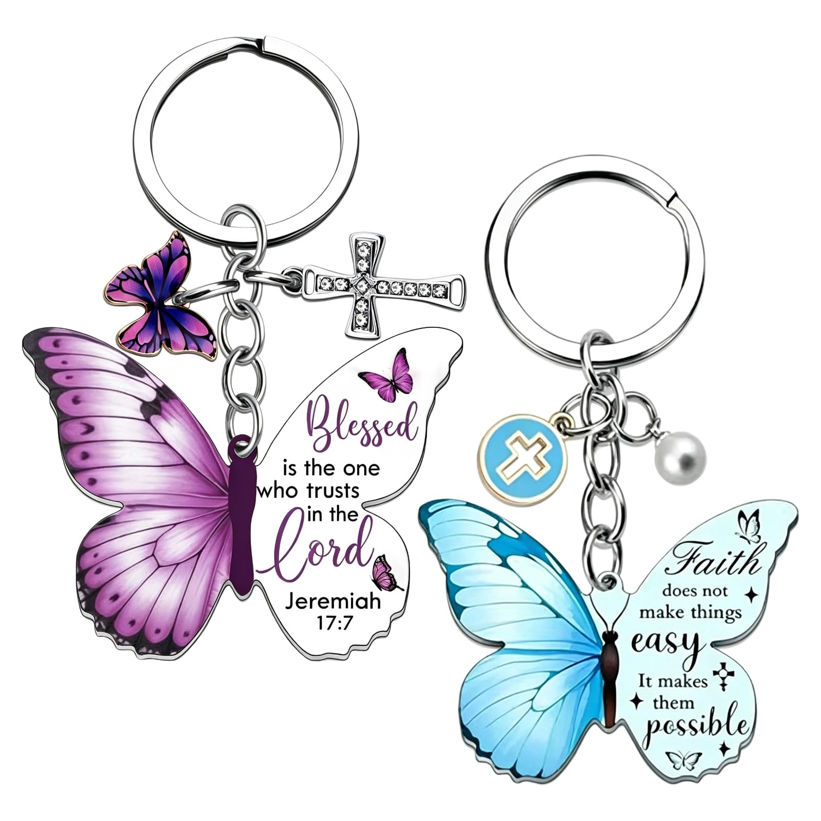 Hongnuoen Unisex Purple, Blue 2Pcs Inspirational Butterfly Keychain, Christian Gifts For Women, Cross Bible Verse Keychain, Religious Gifts For Women For Birthday Graduation Communion Christmas Thanksgiving